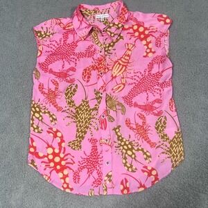 Maison d'Amelie Short sleeve Pink And Red lobster resort top Medium NWOT